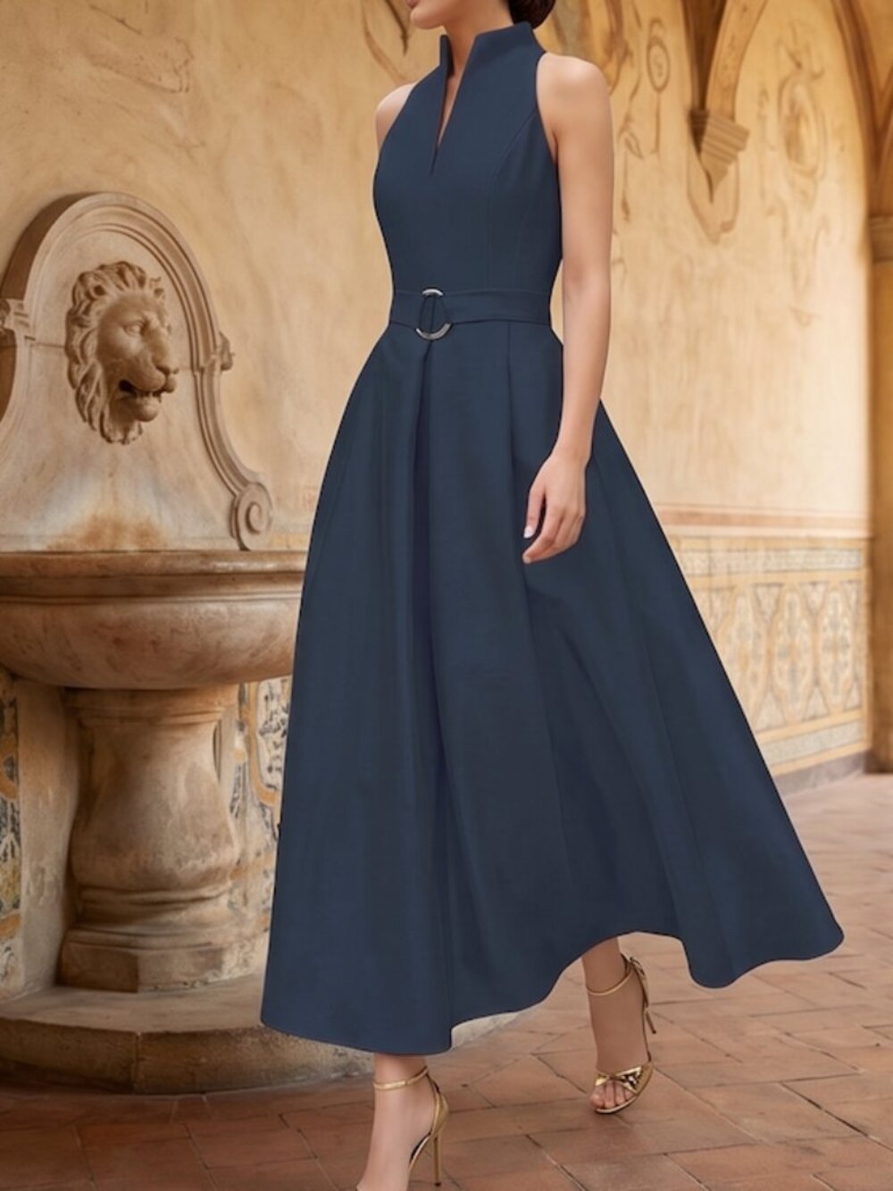 Classic Blue Sleeveless Mock Neck Pleated Midi Dress with Belt & Pockets